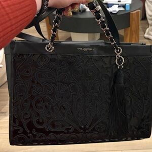 Karl Lagerfeld Black Embossed Tote with Tassel and Chain-Strap
